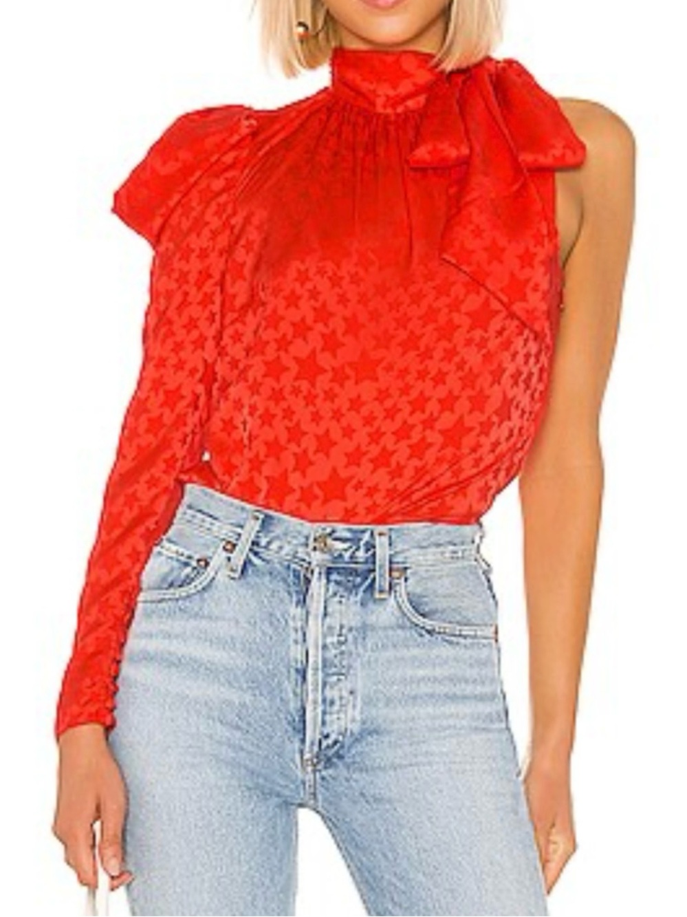 L'Academie cherry tomato Anais Blouse One-Shoulder Bow-Neck Star Jacquard Top